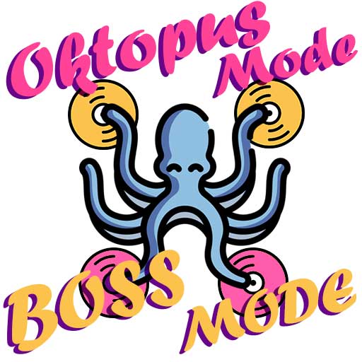 Oktopus, der vier Plattenteller bedient mit Aufschrift "Oktopus Mode, Boss Mode"